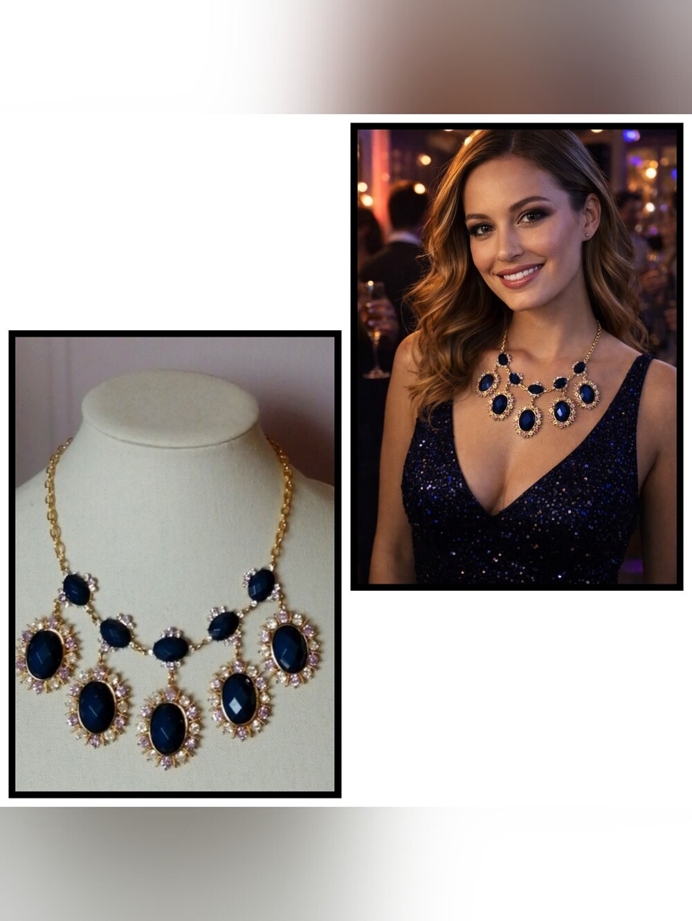 Cära NY Necklace Navy Teal Faceted Clear Lavender RhinestoneGold